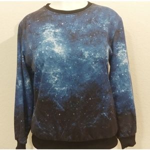 blue galaxy sweater with rib knit cuff and hem